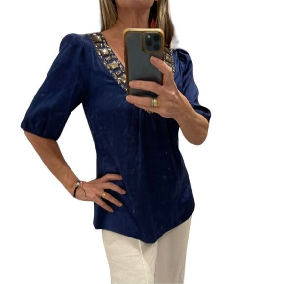 Shoshanna Silk Blue Embellished V Neck Blouse Top.Size 10 - Picture 1 of 13